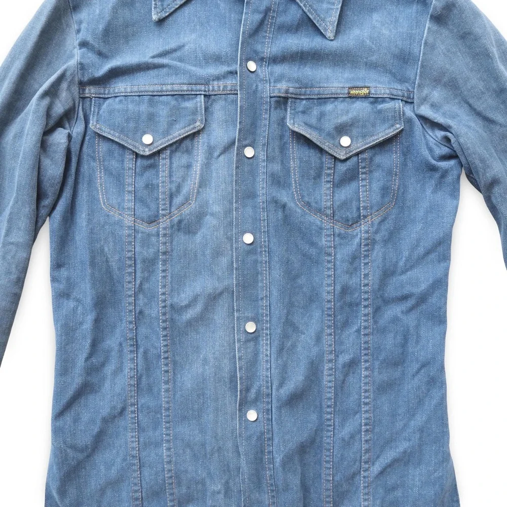 Wrangler Vintage 70s Denim Jean Pearl Snap Shacket Shirt Blue Men's‎ S? No Size